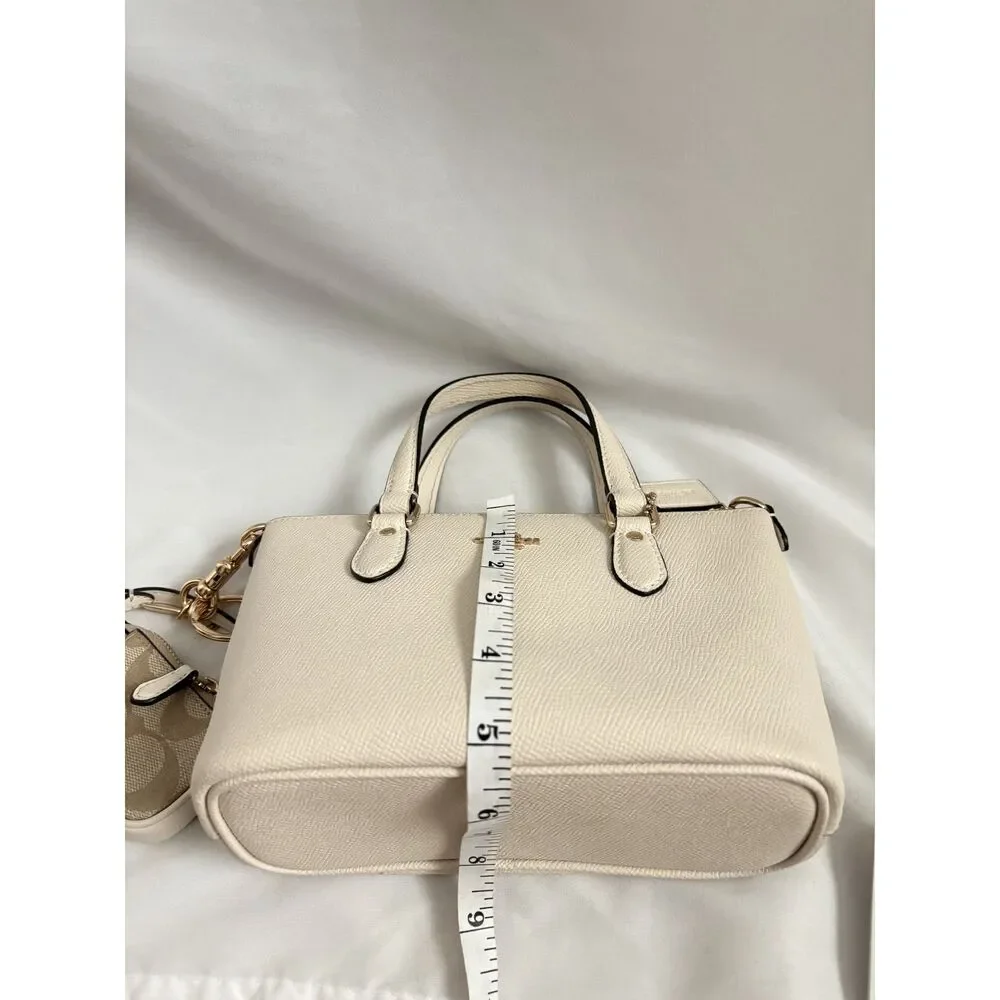 Coach Mini Gallery Bag Crossgrain Leather Chalk White with Pouch Charm and Strap